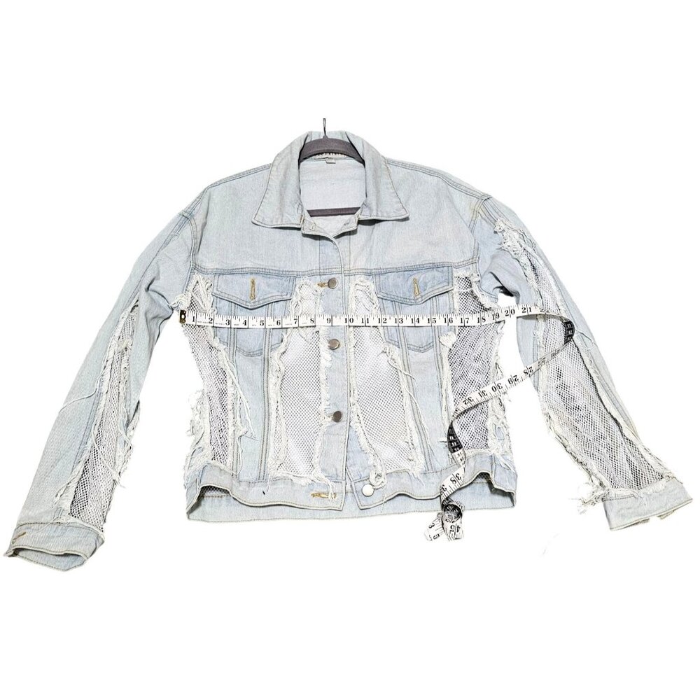 Distressed Light Wash Denim Jacket With Mesh Inserts Frayed Detailing & Button C - Picture 13 of 13
